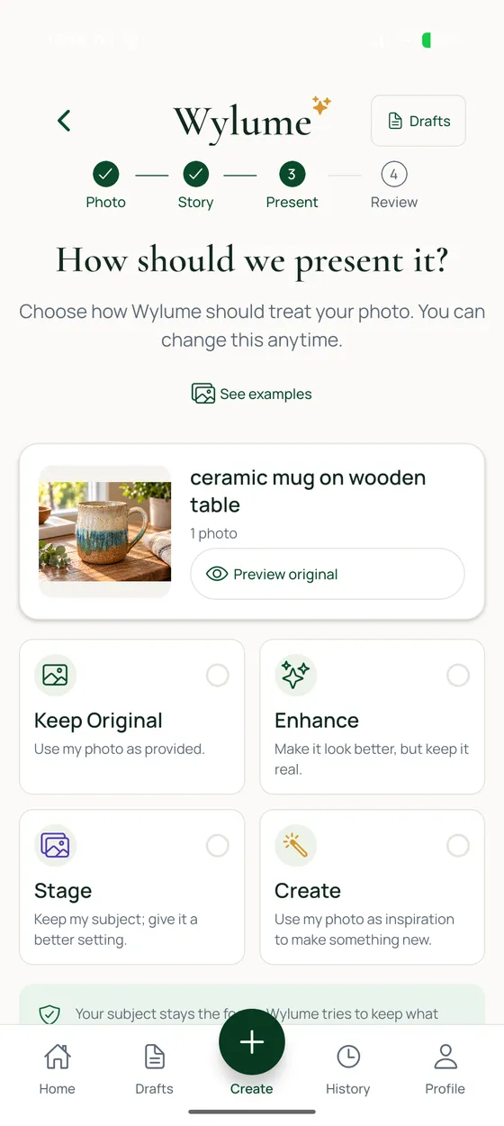 Wylume app, Present step: “How should we present it?” A demo photo of a ceramic mug with four choices: Keep Original, Enhance, Stage, and Create.