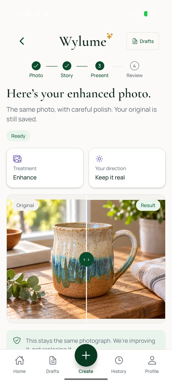 Wylume app, Enhance result: “Here's your enhanced photo.” A slider compares the original demo mug photo with the enhanced version, with the note “This stays the same photograph.”
